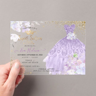 Sweet 16 Glitters Gown Dusty Purple Lilac Gold Acrylic Invitations