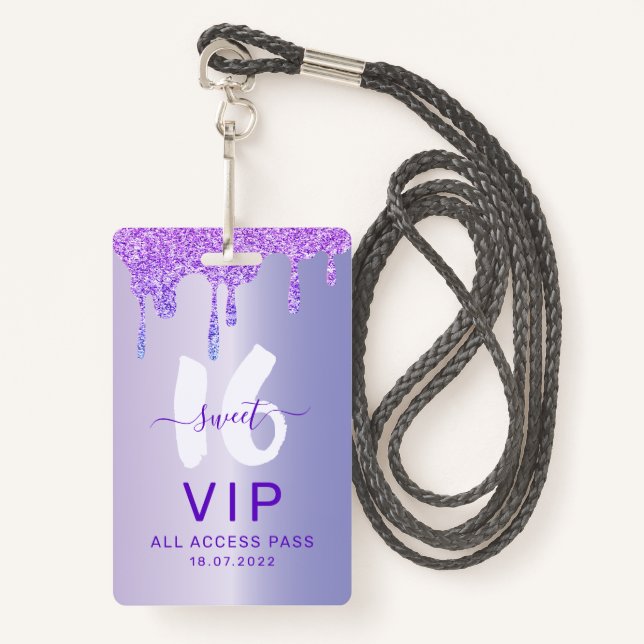 Sweet 16 Glittery Purple Drips Birthday Invitation Badge (Front with Lanyard)