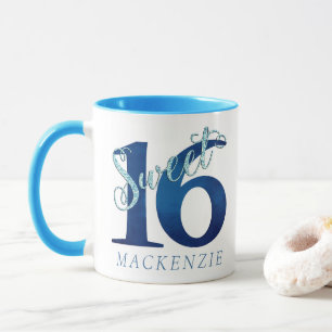 Sweet 16 Glitzy Blue Glam Typography Name Mug