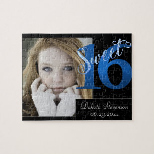 Sweet 16 Glitzy Blue Glam Typography Script Jigsaw Puzzle
