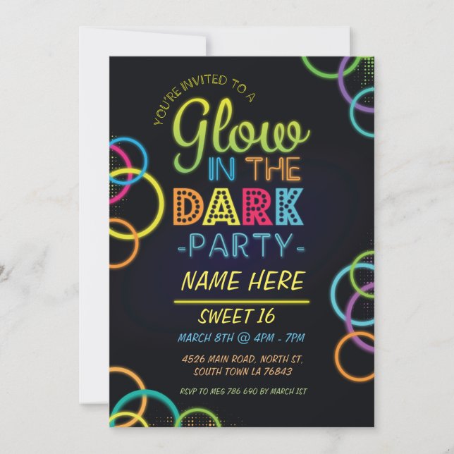 Sweet 16 Glow In The Dark Birthday Party Invite (Front)