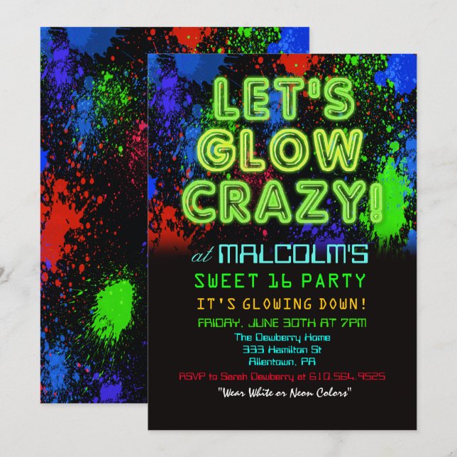 Sweet 16 Glow Party Anniversaire Invitation (Devant / Derrière)