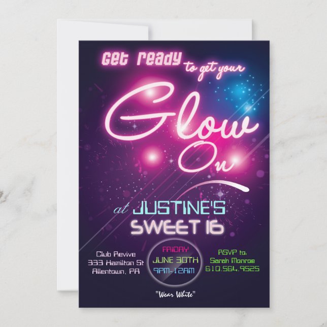 Sweet 16 Glow Party Eighties 80s Invitation (Front)