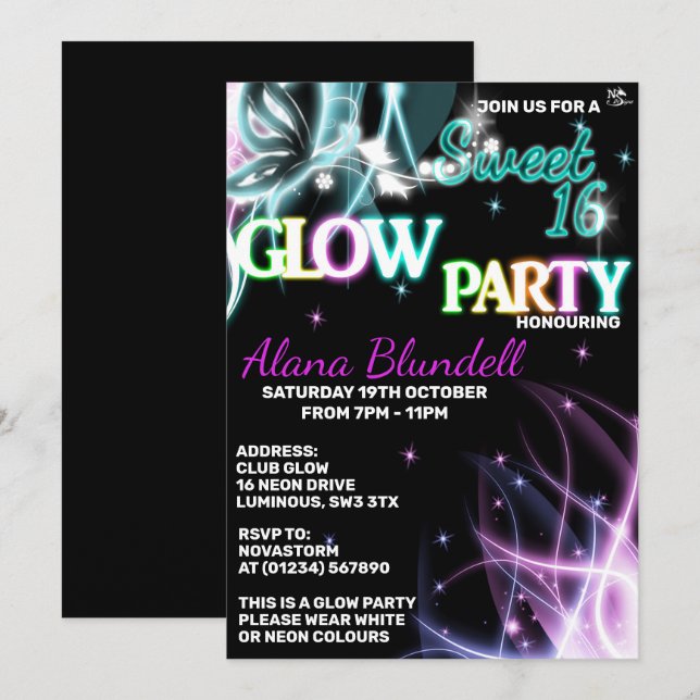 Sweet 16 Glow  party Invitations (Front/Back)
