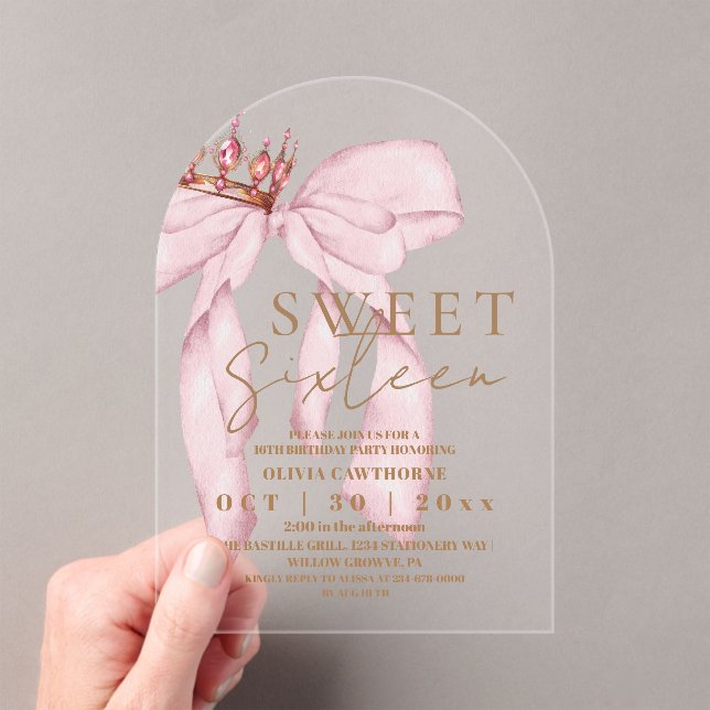  Sweet 16 Gold and Blush Pink Bow Birthday  Acrylic Invitations (Insitu (Handheld))