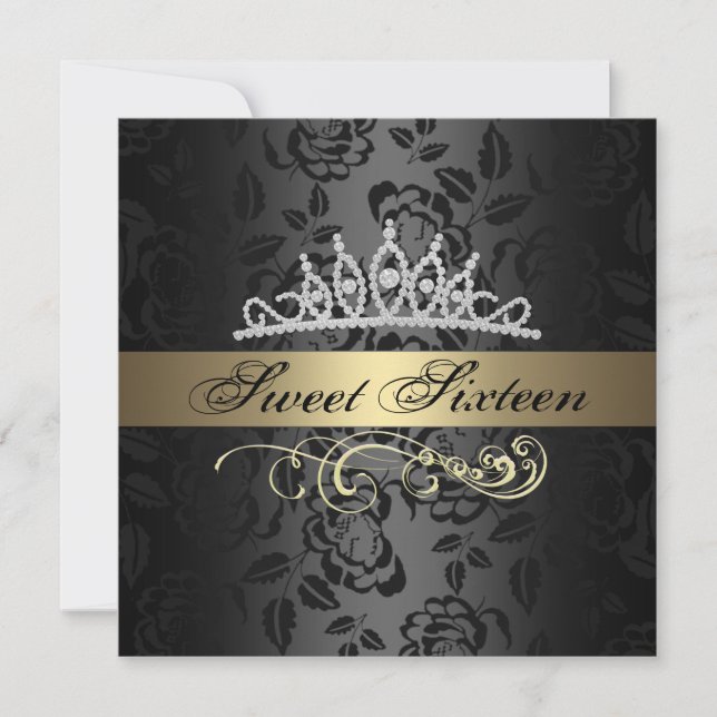 Sweet 16 Gold & Black Tiara Birthday Invitation (Front)