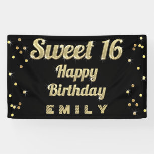 Sweet 16 Gold Bling Typography Confetti Black Banner
