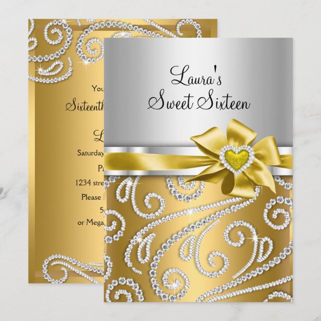 Sweet 16 Gold Bow & Sparkle Diamond Announcements (Front/Back)