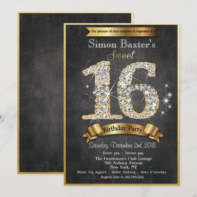 Sweet 16 Gold Diamond Invitation Anniversaire (Devant / Derrière)