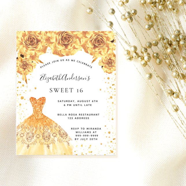 Sweet 16 gold dress floral white budget invitation flyer (Creator Uploaded)