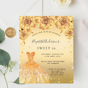 Sweet 16 gold dress flowers invitation