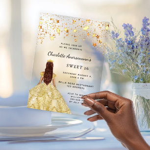 Sweet 16 gold dress stars clear acrylic invitations