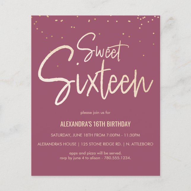 Sweet 16 Gold, Elegant, Simple Party Invite (Front)