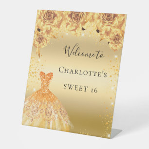 Sweet 16 gold glitter dress florals welcome pedestal sign