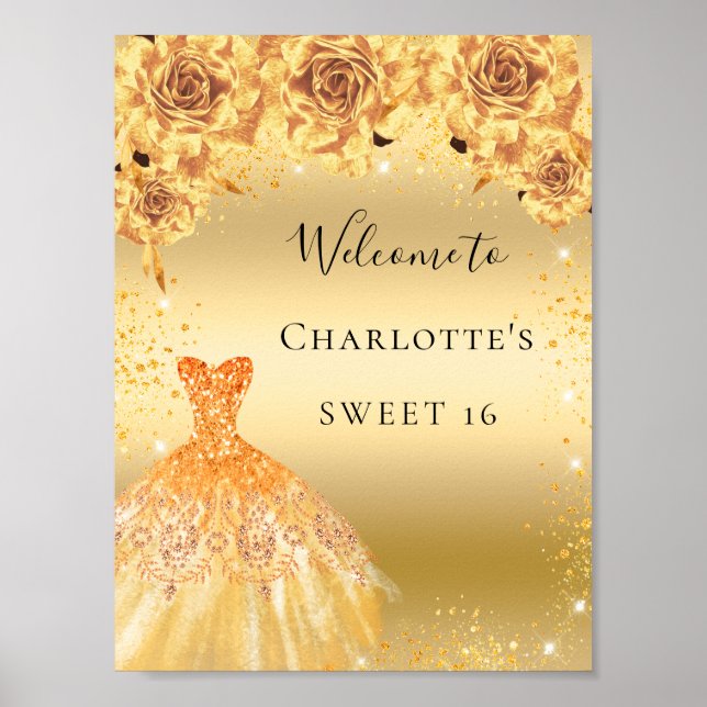 Sweet 16 gold glitter dress florals welcome poster (Front)