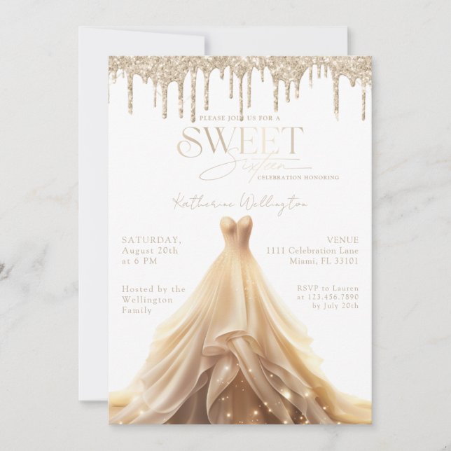 Sweet 16 Gold Glitter Drips Champagne Dress Invitation (Front)