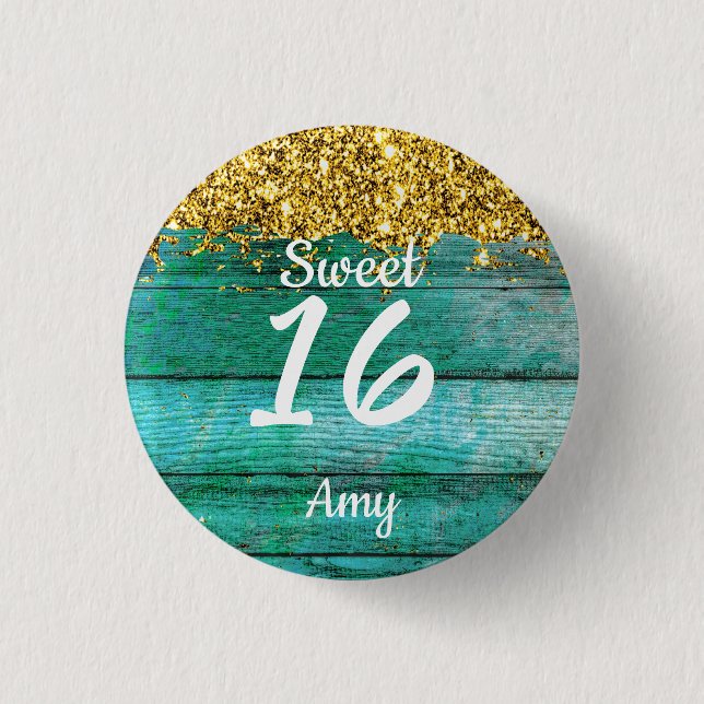 Sweet 16 Gold Glitter Girly Turquoise Name 1 Inch Round Button (Front)