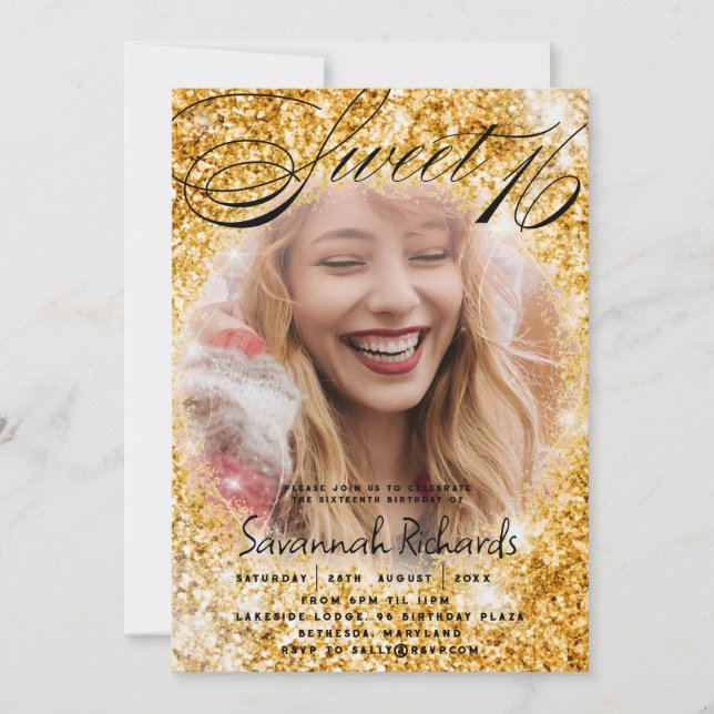 Sweet 16 Gold Glitter & Photo Party Invitation (Front)