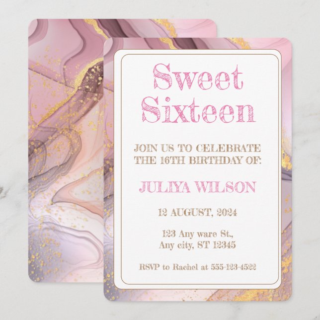 Sweet 16  Gold glitter pink birthday party Invitation (Front/Back)