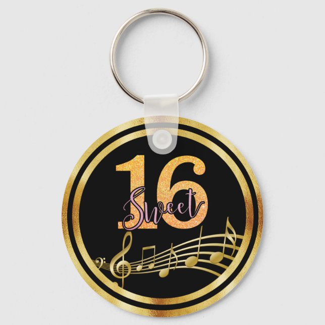 Sweet 16 gold music notes on stylish black keychain (Front)