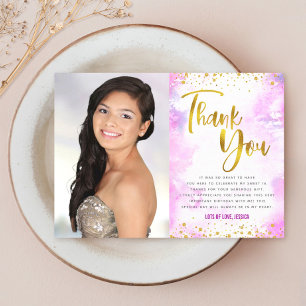Sweet 16 Gold Pink Watercolor Photo Modern Girly Thank You Card