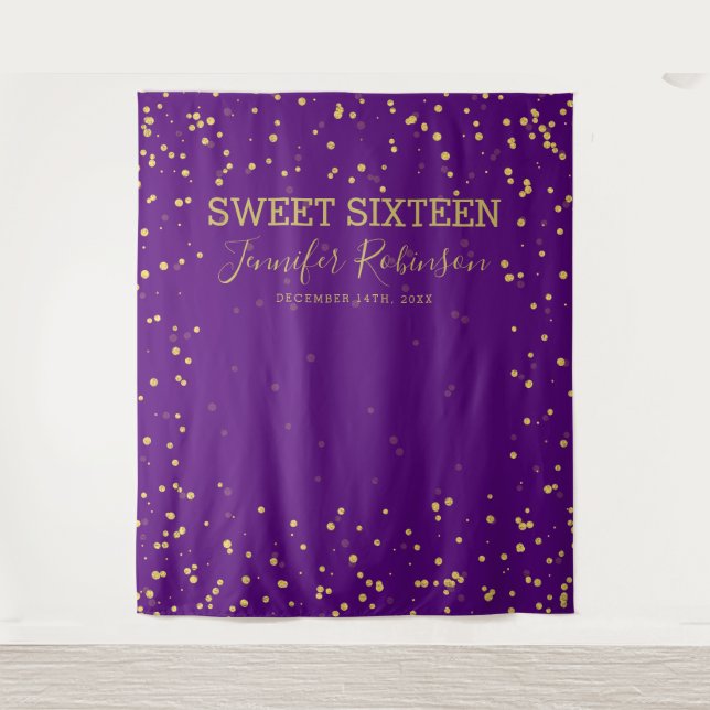 Sweet 16 Gold & Purple Glitter Dots Backdrop Tapestry (Front)