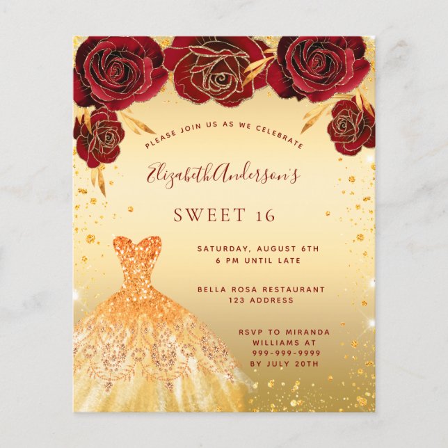 Sweet 16 gold red glitter dress budget invitation flyer (Front)