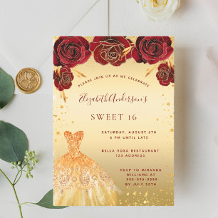 Sweet 16 gold red glitter dress invitation