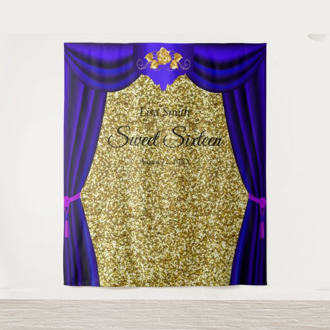Sweet 16 Gold Rose Blue Curtain Gold Glitter Tapestry (Front)