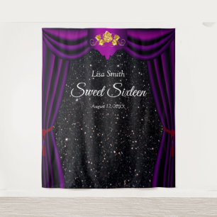 Sweet 16 Gold Rose Purple Curtain Black Glitter Tapestry