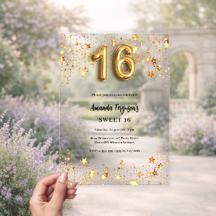 Sweet 16 gold stars clear acrylic invitations