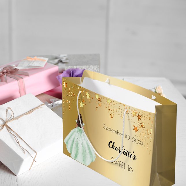 Sweet 16 gold stars green dress large gift bag (Creator Uploaded)