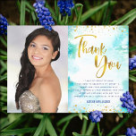 Sweet 16 Gold Turquoise Watercolor Photo Modern Thank You Card<br><div class="desc">“Thank you”. Here’s a fun, sparkly way for the birthday girl to show her appreciation to all who supported her milestone event! Send out this stunning, simple, festive, modern, personalized thank you note. Her photo on the left side and on the right, sparkly faux gold foil, tiny confetti glitter dots...</div>