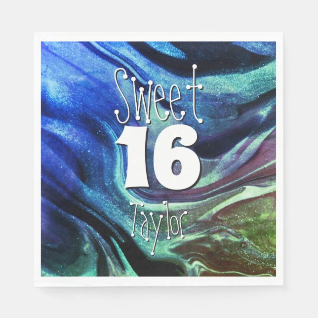 Sweet 16 Green & Blue Marble Personalized Napkin (Front)