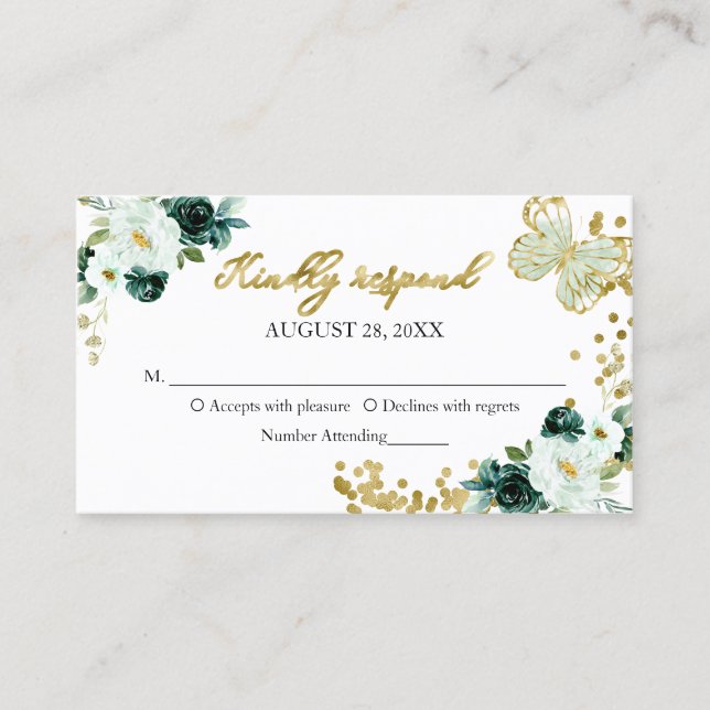 Sweet 16 Green Floral Butterfly RSVP Enclosure Business Card (Front)