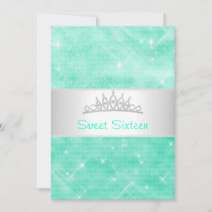 Sweet 16 Green Glitter Silver Jewel Tiara Party 16 Invitation