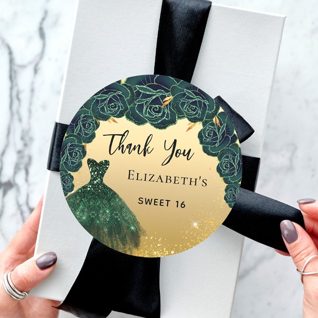 Sweet 16 green gold dress Thank You Classic Round Sticker (Creator Uploaded)