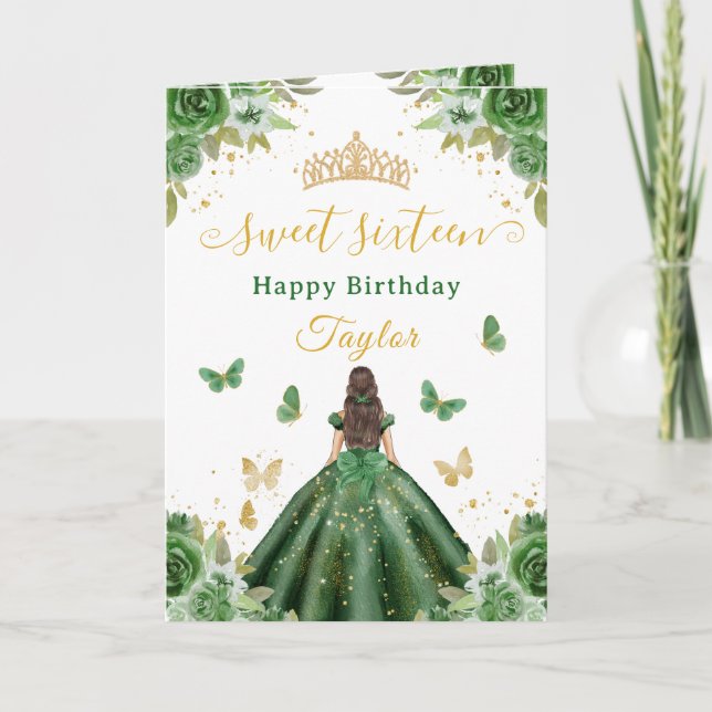 Sweet 16 Green Princess Brunette Girl Card (Front)