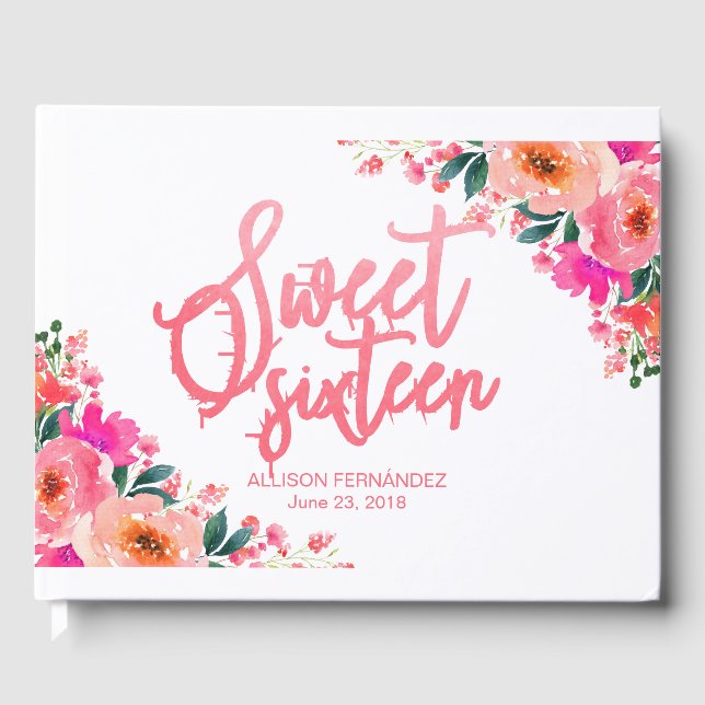Sweet 16 Guest Book Hot Pink  Floral (Front)