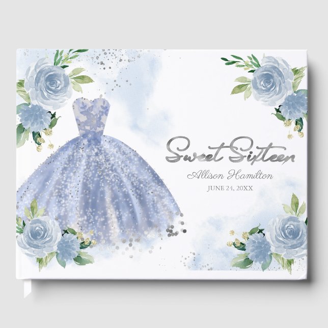 Sweet 16 Guest Book Silver Dusty Blue Gown Floral (Front)