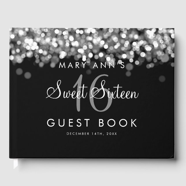 Sweet 16 Guestbook Party Shimmering Silver Lights (Front)
