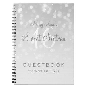Sweet 16 Guestbook Silver Bokeh Sparkle Light Notebook