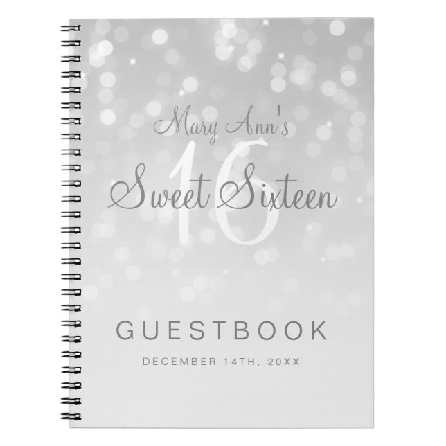 Sweet 16 Guestbook Silver Bokeh Sparkle Light Notebook (Front)