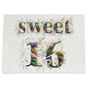 Sweet 16 Happy Birthday Wildflowers Text Large Gift Bag