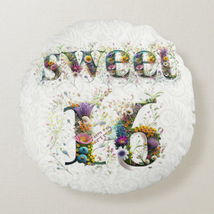 Sweet 16 Happy Birthday Wildflowers Text Round Pillow