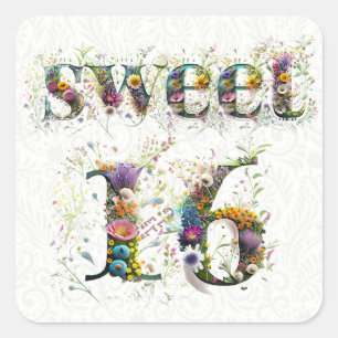 Sweet 16 Happy Birthday Wildflowers Text Square Sticker