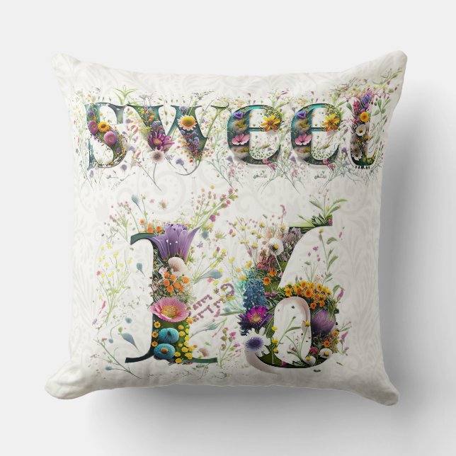 Sweet 16 Happy Birthday Wildflowers Text Throw Pillow (Front)