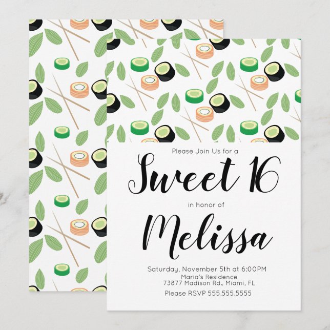 Sweet 16 Hibachi Grill Sushi Rolls Restaurant Invitation (Front/Back)