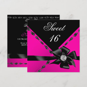 Sweet 16 Hot Pink Bow Black Birthday Party Invitation