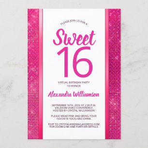Sweet 16 Hot Pink Glam Virtual 16th Birthday Party Invitation